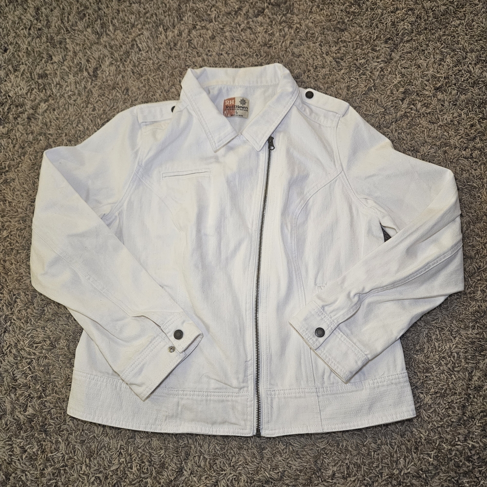Ruff Hewn Jean Jacket White Women's Size Large Pockets Zip Up  Asymmetrical